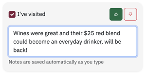 Notes and ratings for a winery visit